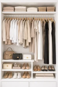 ארון בגדים מסודר עם חולצות, שמלות, נעלי עקב ותיקים בגווני בייסיק.