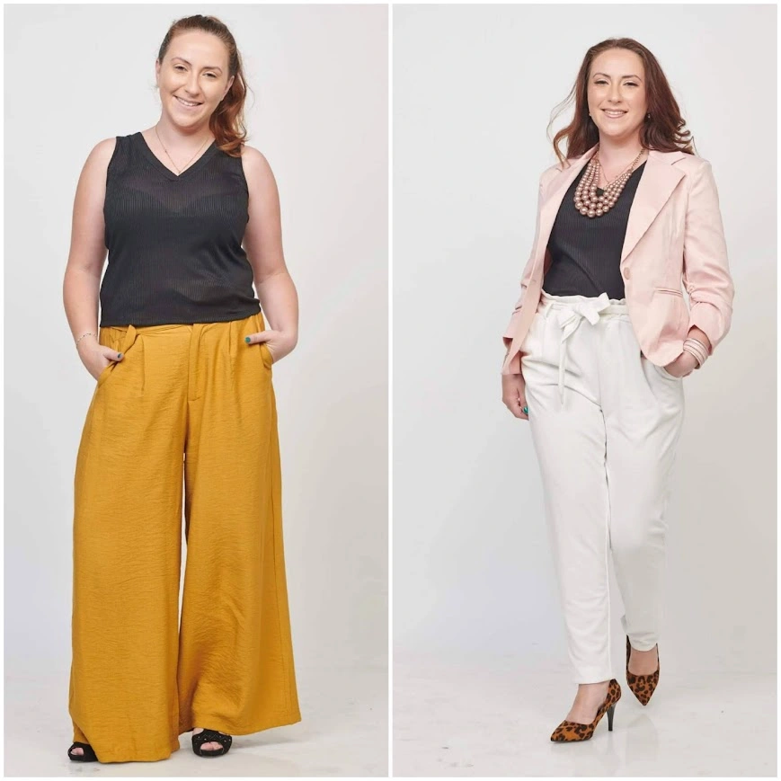 סטיילינג אישי לפני ואחרי: מעבר מגופיה שחורה ומכנסיים רחבים למראה עסקי מוקפד עם ז'קט ורוד בהיר, מכנסיים לבנים מחויטים ושרשרת פנינים