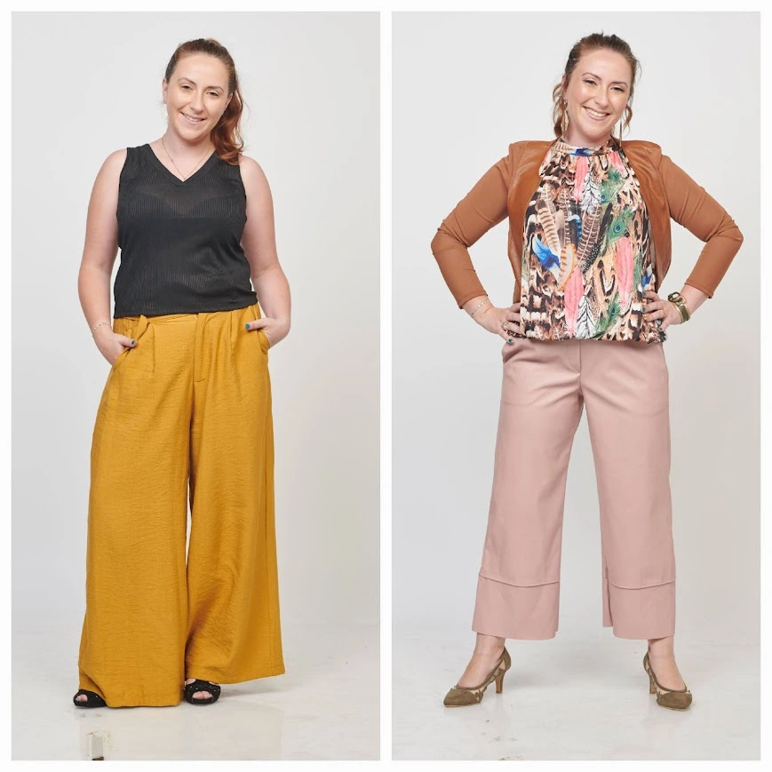 לפני ואחרי ייעוץ סטיילינג: שדרוג הגזרה באמצעות מכנסיים בגזרת קרופ ורוד עתיק, חולצה עם הדפס נוצות ועליונית חומה מחטבת