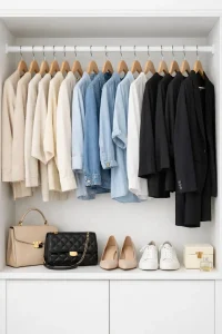 מלתחה מאורגנת הכוללת חולצות ג'ינס, חולצות לבנות וז'קטים שחורים.